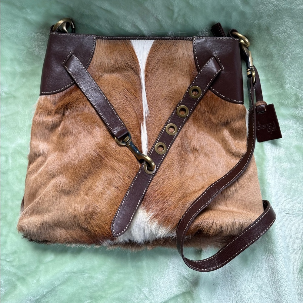 Diane Gail leather trim 70s style springbok fur purse bag western crossbody